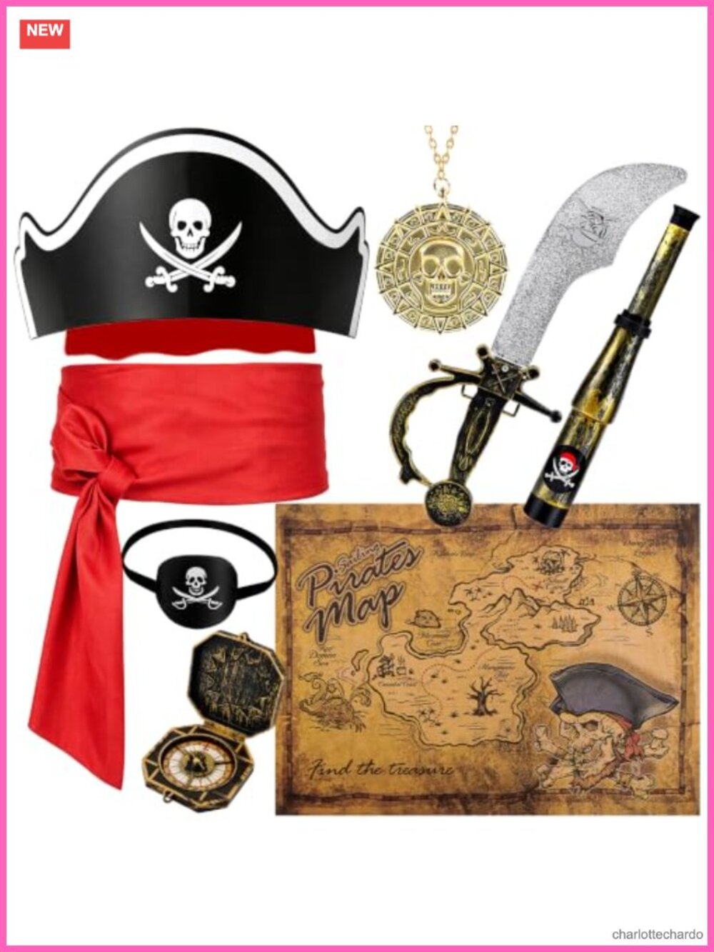 8 Pc Pirate Costume Accessory Set Hat Eye Patch Sword Map
